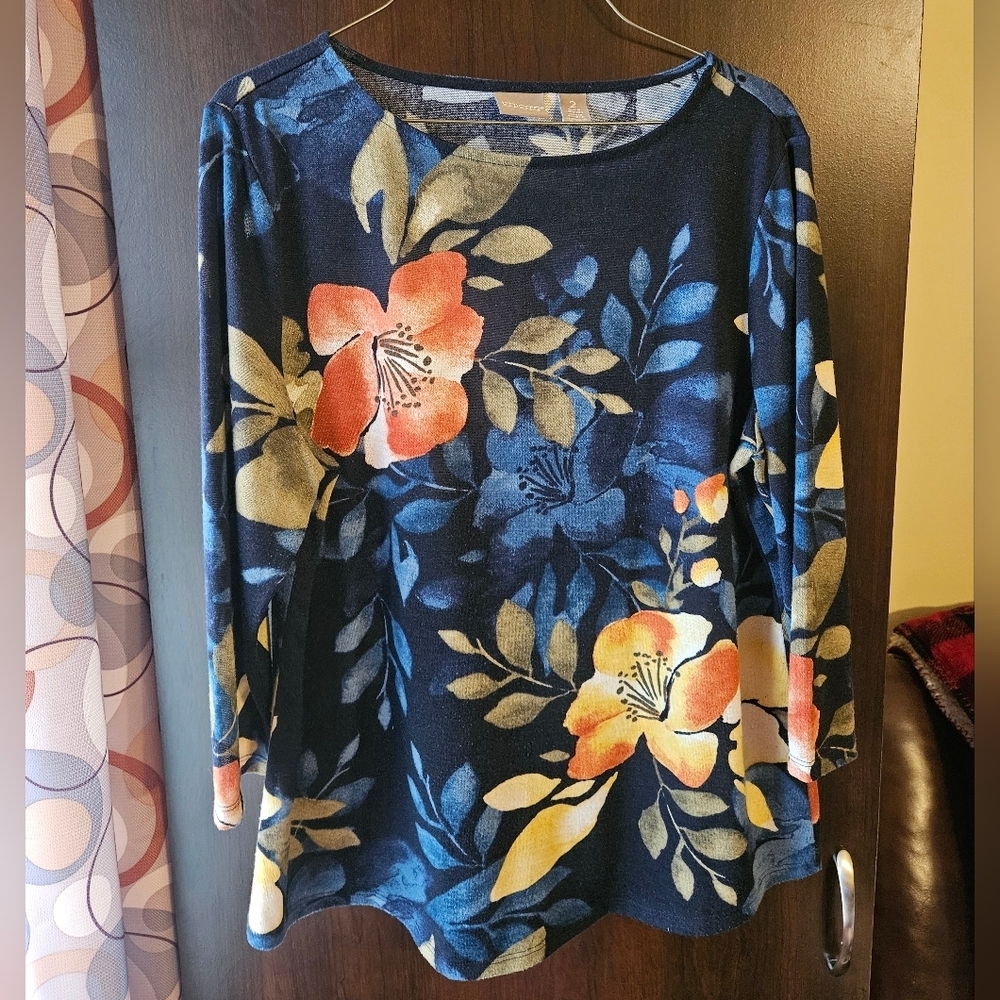 Chico's Floral Long Sleeve Top - Blue and Yellow